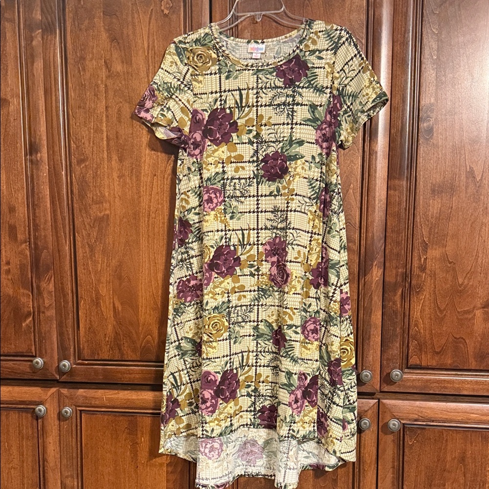 LuLaRoe Carly dress with Purple, Gold, & Green Floral  on a Cream background.